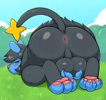  absurd_res anthro anus ass_up balls bedroom_eyes big_balls big_butt black_body black_fur blue_body blue_fur blush bubble_butt butt claws cloud fur generation_4_pokemon genitals grass hi_res holding_balls levin_(levinluxio) looking_back luxio male narrowed_eyes nintendo outside pawpads perineum plant pokemon pokemon_(species) purple_eyes seductive shrub solo virito 