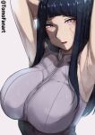  1girl absurdres armpits arms_up bangs black_hair blunt_bangs breasts byakugan highres hyuuga_hinata large_breasts light_smile long_hair looking_at_viewer naruto_(series) open_mouth sidelocks sleeveless solo sweat tomodachi_(tomofanart) twitter_username upper_body veins 