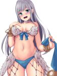  1girl :d absurdres bangs bare_shoulders bikini blue_bikini blue_bow blue_eyes bow bracelet breasts cleavage collarbone cowboy_shot fingernails front-tie_bikini_top front-tie_top furrowed_brow grey_hair halterneck hand_on_own_chest hand_up heart highres jewelry legs_apart long_hair looking_at_viewer medium_breasts mismatched_bikini navel open_mouth ragnarok_online sail_(sail-away) showgirl_skirt simple_background smile solo standing swimsuit teeth thighs upper_teeth_only wanderer_(ragnarok_online) white_background white_bikini 