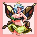  1girl antennae arms_behind_back bangs black_tube_top breasts brown_eyes brown_wings butterfly_wings cleavage commentary_request cowboy_shot eternity_larva green_skirt highres large_breasts leaf leaf_on_head looking_at_viewer medium_hair navel open_mouth pink_background rinyamame skirt smile solo strapless touhou tube_top two-tone_background wings 