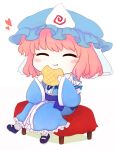  1girl bangs belt blue_bow blue_bowtie blue_footwear blue_headwear blue_kimono blush bow bowtie chair chibi closed_eyes closed_mouth commentary_request cookie eating food frills grey_socks hands_up hat heart holding holding_food japanese_clothes juliet_sleeves kimono leg_up long_sleeves mob_cap pink_hair puffy_sleeves purple_belt purple_bow rei_(tonbo0430) saigyouji_yuyuko shadow shoes short_hair simple_background sitting smile socks solo touhou triangular_headpiece veil white_background wide_sleeves wing_collar 