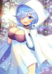  1girl :d bangs blue_eyes blue_hair blurry blurry_background breasts bridal_gauntlets cleavage cloak commentary_request commission copyright_request depth_of_field hair_over_one_eye high-waist_skirt hood hood_up hooded_cloak kou_hiyoyo large_breasts outdoors skeb_commission skirt smile solo tree white_cloak white_skirt 