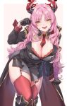  1girl :d black_gloves blue_archive breasts cleavage coattails coin coin_on_string demon_horns fangxiang_cuoluan garter_straps gloves gold_trim halo hand_up highres holding_pendulum horns large_breasts leaning_forward long_hair looking_at_viewer mole mole_on_breast necktie open_mouth pink_hair red_eyes red_horns red_necktie satsuki_(blue_archive) smile solo teeth upper_teeth_only very_long_hair wavy_hair wing_collar yellow_eyes 