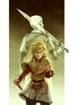  2boys absurdres askeladd belt blood dagger dual_wielding fur_trim highres holding knife long_sleeves male_focus messy_hair multiple_boys ruukii_drift short_hair sword thorfinn tunic viking vinland_saga weapon 