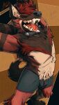  anthro bulge chest_tuft clothed clothing collar ear_tuft eyes_closed fangs fluffy fur hair hi_res hyena inner_ear_fluff jimmy_(mrjimmydafloof) male mammal mrjimmydafloof nude open_mouth pantsless pantsless_anthro pantsless_male paws raised_arm red_body red_fur red_hair shirtless solo spiked_collar spikes stretching striped_hyena stripes tail teeth tongue tongue_out topless topless_anthro topless_male tuft underwear yawn yawning_position 