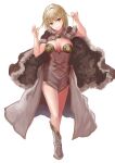  1girl absurdres bangs blonde_hair boots breasts brown_cape brown_dress cape cleavage crossed_legs dress full_body fur-trimmed_cape fur_trim gold_trim hair_between_eyes hair_down hair_intakes hands_up head_tilt high_wizard_(ragnarok_online) highres holding holding_hair kathryne_keyron looking_at_viewer medium_breasts no_gloves overskirt ragnarok_online red_eyes red_pupils sail_(sail-away) short_dress short_hair simple_background solo standing strapless strapless_dress two-tone_dress watson_cross white_background white_dress white_footwear 