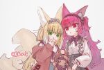  2girls animal_ear_fluff animal_ears arknights blonde_hair blue_skirt brown_jacket chain closed_mouth collared_shirt commentary_request fox_ears fox_girl fox_tail grey_background grey_skirt hand_up highres holding holding_stuffed_toy jacket juhuaxiaoji long_hair long_sleeves multiple_girls off_shoulder open_clothes open_jacket parted_lips pink_hair puffy_long_sleeves puffy_sleeves red_eyes shamare_(arknights) shirt simple_background skirt stuffed_animal stuffed_dog stuffed_toy suspender_skirt suspenders suzuran_(arknights) tail twitter_username very_long_hair white_shirt 