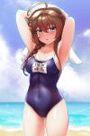  1girl ahoge arthur_ko bangs bare_arms bare_legs bare_shoulders beach blue_eyes blue_one-piece_swimsuit blush braid breasts brown_hair cloud cloudy_sky collarbone cowboy_shot day hair_between_eyes hair_flaps highres kantai_collection long_hair medium_breasts name_tag new_school_swimsuit ocean one-piece_swimsuit open_mouth school_swimsuit shigure_(kancolle) shigure_kai_ni_(kancolle) single_braid sky solo swimsuit towel twitter_username 