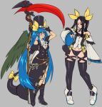  1girl 1other angel_wings black_hair blue_hair boots cosplay costume_switch dizzy_(guilty_gear) guilty_gear guilty_gear_strive hair_rings kitsune23star red_eyes ribbon scythe smile tail tail_ornament tail_ribbon testament_(guilty_gear) thighhighs wings yellow_ribbon 