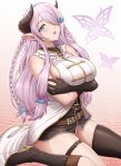  1girl arms_under_breasts asymmetrical_footwear asymmetrical_gloves belt black_footwear black_gloves blue_eyes braid breasts bug butterfly draph gloves granblue_fantasy hair_over_one_eye highres horns large_breasts light_purple_hair long_hair looking_at_viewer narmaya_(granblue_fantasy) parted_lips pointy_ears sideboob sitting solo teeth thigh_strap umasan uneven_footwear uneven_gloves very_long_hair wariza 