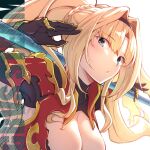  1girl armor blonde_hair blue_eyes braid breasts cleavage cleavage_cutout clothing_cutout commentary_request english_text from_below from_side gauntlets granblue_fantasy granblue_fantasy_versus hair_intakes hairband large_breasts long_hair looking_at_viewer ma_ma_gobu over_shoulder parted_lips polearm red_armor simple_background solo twintails upper_body weapon weapon_over_shoulder white_background zeta_(granblue_fantasy) 