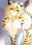  &lt;3 absurd_res anthro areola big_breasts blonde_hair blue_eyes blush breasts clothed clothing cyberconnect2 drecom felid female full_bokko_heroes fur hair hi_res looking_at_viewer mammal megane_inu pantherine smile solo striped_body stripes tiger zhang_fei_(full_bokko_heroes) 