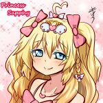  1girl ahoge bare_shoulders blonde_hair blue_eyes blush bow braid character_name collarbone commentary_request crown english_commentary hair_between_eyes hair_bow hair_ornament heart heart_necklace highres indie_virtual_youtuber jewelry long_hair looking_at_viewer maokyu mini_crown mixed-language_commentary necklace pink_background pink_bow portrait sapphy_stars signature smile solo sparkle_background twin_braids virtual_youtuber 