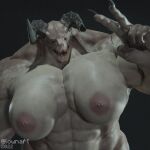  5_fingers abs anthro areola bethesda_softworks big_breasts big_muscles breasts broad_shoulders broken_horn brown_body claws deathclaw eye_scar facial_scar fallout fangs female fingers front_view gesture hi_res horn huge_breasts huge_muscles hyper hyper_muscles looking_at_viewer lowndrawthing monster muscular muscular_anthro muscular_female nipples nude open_mouth pecs pink_nipples reptile scalie scar sharp_claws sharp_horn sharp_teeth simple_background smile solo teeth v_sign 