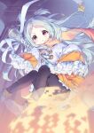  1girl 26_(2626nishima) :t bangs black_pantyhose blue_hair boots closed_mouth commentary digital_dissolve dissolving_clothes dot_nose fading feet_out_of_frame floating frilled_skirt frilled_sleeves frills furrowed_brow ghost holding holding_spoon layered_skirt long_hair long_sleeves looking_at_viewer miyako_(princess_connect!) orange_scarf orange_skirt oversized_object pantyhose parted_bangs pleated_skirt pout princess_connect! red_eyes ribbon scarf see-through shirt skirt sleeves_past_fingers sleeves_past_wrists solo spoon two_side_up wavy_mouth white_footwear white_ribbon white_shirt wide_sleeves 