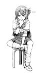  1girl alina_gray belt_pouch bow bowtie chair full_body greyscale hand_to_own_mouth layered_sleeves long_hair long_sleeves looking_at_viewer loose_socks magia_record:_mahou_shoujo_madoka_magica_gaiden mahou_shoujo_madoka_magica monochrome on_chair plaid plaid_skirt pouch sakae_general_school_uniform school_uniform shirt shoes short_over_long_sleeves short_sleeves side-tie_shirt silverxp simple_background single_hair_ring sitting skirt sleeve_cuffs sleeves_rolled_up socks solo thinking white_background wing_collar 