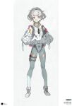  1girl bangs bodysuit boots chewing_gum full_body grey_hair hands_in_pockets highres jacket looking_at_viewer neco original pink_eyes solo 