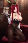  1girl animal_ears black_leotard cait_aron closed_mouth elbow_gloves erza_scarlet fairy_tail fake_animal_ears gloves highres holding leotard long_hair looking_at_viewer playboy_bunny rabbit_ears red_hair smile solo white_gloves 
