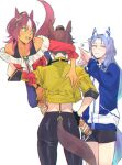  3girls ^^^ animal_ears bare_shoulders black_gloves black_pants black_shorts blue_hair blue_jacket bracelet brown_hair byerley_turk_(umamusume) carrying_over_shoulder cellphone closed_eyes closed_mouth dark-skinned_female dark_skin darley_arabian_(umamusume) ear_covers feet_out_of_frame gloves godolphin_barb_(umamusume) green_eyes hand_on_hip hat highres holding holding_phone horse_ears horse_girl horse_tail jacket jewelry long_hair long_sleeves multicolored_hair multiple_girls noi_(hawawanwan) off-shoulder_shirt off_shoulder open_mouth pants phone red_shirt sandals shirt short_hair short_shorts shorts smile standing streaked_hair sweatdrop tail tail_through_clothes taking_picture tank_top umamusume yellow_jacket 