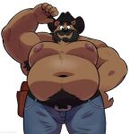  2022 anthro armpit_hair bear beard belly big_belly big_nipples body_hair bottomwear brown_body brown_fur clothed clothing cowboy cowboy_hat denim denim_clothing facial_hair front_view fur gun_holster hand_on_hip happy_trail hat headgear headwear hi_res holding_clothing holding_hat holding_headgear holding_headwear holding_object jeans looking_at_viewer looking_back looking_back_at_viewer male mammal mature_male moobs musclegut muscular_arms nipples overweight overweight_male pants raised_arm scruffy_(character) simple_background solo splashburr topless topless_male 