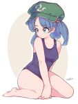  1girl artist_name bare_arms bare_legs bare_shoulders barefoot black_one-piece_swimsuit blue_eyes blue_hair closed_mouth collarbone commentary dated flat_cap full_body green_headwear hair_bobbles hair_ornament hamriku hat highres kawashiro_nitori medium_hair one-piece_swimsuit school_swimsuit signature solo swimsuit touhou two_side_up 