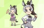  1girl :d animal_ears arm_at_side arm_up black_bow black_bowtie black_hair bow bowtie bread brown_eyes chibi closed_mouth collared_shirt cowboy_shot donkey_(kemono_friends) donkey_ears donkey_girl donkey_tail dress extra_ears food full_body grey_hair hair_bow hand_up high_ponytail holding holding_food kemono_friends legs_apart long_hair long_sleeves looking_at_viewer multicolored_hair multiple_views official_alternate_costume open_mouth outstretched_arm sandals shirt short_dress smile srd_(srdsrd01) standing tail white_hair white_shirt wing_collar |_| 