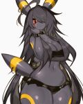  anthro black_hair eeveelution female generation_2_pokemon hair leather looking_at_viewer mammal midriff nintendo pokemon pokemon_(species) red_eyes solo thick_thighs umbreon usa37107692 