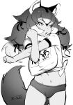  1girl animal_ear_fluff animal_ears breasts buruma covered_nipples dire_wolf_(kemono_friends) greyscale gym_shirt gym_uniform highres kemono_friends kemono_friends_3 large_breasts long_hair masuyama_ryou monochrome name_tag navel shirt solo sports_bikini stretching tail tsurime twintails white_shirt wolf_ears wolf_girl wolf_tail 