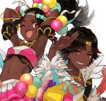  1boy 1girl ;d armpits arms_up brother_and_sister brown_hair dark-skinned_female dark-skinned_male dark_skin fire_emblem fire_emblem_engage fogado_(fire_emblem) hair_ornament highres long_hair looking_at_viewer midriff navel one_eye_closed red_eyes short_hair siblings smile star-shaped_pupils star_(symbol) symbol-shaped_pupils timerra_(fire_emblem) upper_body white_background yachimata_1205 