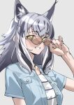  1girl adjusting_eyewear blue_jacket blush canadian_lynx_(kemono_friends) commentary_request extra_ears glasses grey_hair highres jacket jewelry kemono_friends kemono_friends_3 lynx_ears lynx_girl multicolored_hair necklace official_alternate_costume open_clothes open_jacket shirt short_hair short_sleeves smile solo tanabe_(fueisei) white_shirt yellow_eyes 