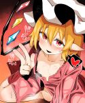 1girl absurdres bangs blonde_hair blush breasts commentary_request crystal fang flandre_scarlet foot_out_of_frame hair_between_eyes hat heart highres looking_at_viewer loose_clothes loose_shirt medium_hair mob_cap nipples open_mouth pink_shirt pointy_ears pussy pussy_juice red_eyes rinyamame shirt sitting small_breasts smile solo spoken_heart sweat touhou uncensored wariza white_headwear wings 