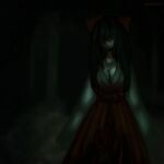  1girl antherelya black_hair blood blood_on_clothes blood_splatter dark forest guro horror_(theme) japanese_clothes miko nature night nontraditional_miko organs solo solo_focus torn_clothes 