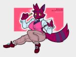 anthro blep canid canine clothing cocktail_glass container cup drinking_glass female footwear fox fur glass glass_container glass_cup hi_res looking_at_viewer mammal necktie purple_body purple_fur s_miles_art shirt shoes simple_background solo tongue tongue_out topwear vest yellow_eyes 