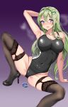  1girl absurdres amagi_(amagi626) armpits black_one-piece_swimsuit blue_eyes breasts cleavage competition_swimsuit covered_navel frog_hair_ornament garter_straps green_hair hair_ornament hair_tubes high_heels highres kochiya_sanae legwear_garter lingerie long_hair one-piece_swimsuit purple_background pussy_juice pussy_juice_trail single_sidelock snake_hair_ornament solo steaming_body swimsuit thighhighs touhou underwear 