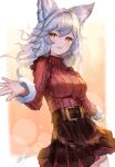  1girl :3 animal_ears belt black_skirt blush breasts brown_eyes cat_ears cowboy_shot dated granblue_fantasy grey_hair highres long_hair long_sleeves looking_at_viewer medium_breasts open_mouth outstretched_arm punished_pigeon red_sweater sen_(granblue_fantasy) signature skirt smile solo sweater 