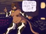  4:3 advice anthro belly blue_eyes breasts brown_hair claire_(unawarey) collar cow_print_armwear cow_print_thighhighs dialogue domestic_cat felid feline felis female hair hair_over_eye hi_res mammal one_eye_obstructed overweight overweight_female pubes short_hair solo unawarey 