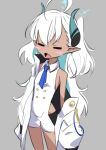  1girl absurdres bangs bare_shoulders blue_archive blush_stickers breasts character_request dark-skinned_female dark_skin grey_background highres horns necktie ocha_(popopogg) off_shoulder open_mouth pointy_ears simple_background small_breasts solo white_hair 