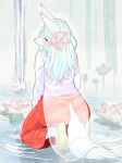  1girl animal_ears animal_nose artist_name ass blue_hair blush body_fur closed_mouth clothing_cutout commentary dated dress flower fox_ears fox_girl fox_tail from_behind full_body furry furry_female green_eyes hair_flower hair_ornament half-closed_eyes happy highres kame_(3t) kneeling long_dress long_hair long_skirt long_sleeves looking_at_viewer looking_back lotus original outdoors pink_flower purple_footwear red_skirt ripples see-through shoes sidelocks sideways_mouth signature skirt skirt_under_dress smile snout solo tail tail_through_clothes vietnamese_dress water waterfall white_dress white_fur 