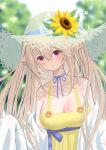  1girl absurdres alternate_costume anchorage_(azur_lane) azur_lane bare_shoulders blue_ribbon blurry blurry_background breasts cleavage flower hat hat_flower highres large_breasts light_brown_hair long_hair purple_eyes qingyuexin ribbon sleeves_past_fingers sleeves_past_wrists straw_hat sun_hat sunflower upper_body very_long_hair very_long_sleeves yellow_flower 