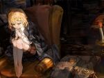  1girl blonde_hair blue_eyes book candle chair commentary_request crack_of_light dress_shirt fire funi_mu9 highres hololive hololive_english indoors jacket magnifying_glass medium_hair monocle own_hands_together pocket_watch shirt shorts sitting solo thighhighs virtual_youtuber watch watson_amelia 