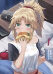  1girl bangs blonde_hair braid breasts burger eating fate/apocrypha fate_(series) food french_braid green_eyes highres long_hair looking_at_viewer mordred_(fate) mordred_(fate/apocrypha) parted_bangs ponytail sidelocks small_breasts solo tonee 