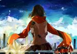  1girl absurdres against_railing ayano_no_koufuku_riron_(vocaloid) black_skirt blue_sky brown_shirt cityscape cloud cloudy_sky commentary_request day enpera facing_away floating floating_object floating_scarf fringe_trim from_behind highres jacket kagerou_project mekakucity_actors multicolored_sky origami outdoors paper_crane psychokotoka railing red_scarf scarf shirt skirt sky solo sparkle tateyama_ayano test_score_(paper) transparent upper_body wind 