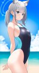  1girl absurdres akagi_koku animal_ear_fluff animal_ears bangs beach black_one-piece_swimsuit blue_archive blue_eyes blue_sky breasts cloud competition_swimsuit covered_navel cowboy_shot cross_hair_ornament day extra_ears grey_hair hair_ornament halo highres horizon low_ponytail medium_breasts medium_hair mismatched_pupils multicolored_clothes multicolored_swimsuit ocean one-piece_swimsuit outdoors shiroko_(blue_archive) shiroko_(swimsuit)_(blue_archive) sky smile solo swimsuit 