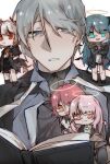  1boy 4girls :d andoain_(arknights) arknights black_jacket black_shirt black_shorts black_skirt blue_eyes blue_hair book brown_eyes closed_mouth collared_shirt crossed_arms dress_shirt exusiai_(arknights) grey_eyes grey_hair halo hand_in_pocket highres horns jacket lemuen_(arknights) minigirl mostima_(arknights) multiple_girls open_book parted_lips pink_eyes pink_hair red_eyes shirt short_shorts short_sleeves shorts simple_background skirt smile tail w_(arknights) waiaaaaaaa white_background white_jacket white_shirt 