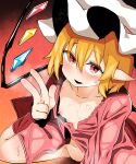  1girl absurdres bangs blonde_hair blush breasts commentary_request crystal fang flandre_scarlet foot_out_of_frame hair_between_eyes hat highres looking_at_viewer loose_clothes loose_shirt medium_hair mob_cap nipples open_mouth pink_shirt pointy_ears pussy pussy_juice red_eyes rinyamame shirt sitting small_breasts smile solo sweat textless_version touhou uncensored wariza white_headwear wings 