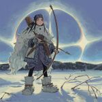  1girl absurdres ainu_clothes asirpa bandana black_hair blue_eyes blue_sky boots bow_(weapon) branch coat fingerless_gloves full_body fur_coat fur_trim gloves golden_kamuy highres holding holding_weapon knife long_hair looking_at_viewer patterned_clothing quiver sky snow sol-halite sun_halo weapon white_coat winter_clothes 