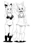  2girls absurdres animal_ear_fluff animal_ears animal_nose arm_at_side arm_up bangs bare_shoulders bikini blush body_fur breasts cleavage closed_mouth collarbone commentary crossed_arms english_commentary facial_mark fangs flat_color fox_ears fox_girl fox_tail frilled_bikini frills front-tie_bikini_top front-tie_top full_body furry furry_female greyscale half-closed_eyes halftone happy highres jaggy_lines kame_(3t) light_blush looking_at_viewer medium_breasts monochrome multiple_girls navel open_mouth original pigeon-toed raccoon_ears raccoon_girl raccoon_tail rin-chan_(kame_(3t)) short_hair simple_background sketch small_breasts smile snout standing stomach swept_bangs swimsuit tail topknot two-tone_fur waving whisker_markings white_background yun-chan_(kame_(3t)) 