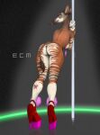  anthro bluedraggy breasts clothing color_edit colored ecmajor edit female footwear genitals giraffid hi_res high_heels horizontal_pupils mammal okapi pasties platform_footwear platform_heels pole pupils pussy solo stripper_pole 