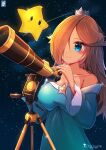  1girl artist_name bare_shoulders blonde_hair blue_dress brooch chinchongcha collarbone crown dress hair_over_one_eye highres jewelry long_hair long_sleeves luma_(mario) mario_(series) off-shoulder_dress off_shoulder rosalina sky smile star_(sky) starry_sky super_mario_galaxy telescope 