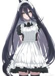  1girl alternate_costume animal_ears black_hair black_thighhighs breasts ci4 enmaided hair_between_eyes highres horse_ears horse_girl horse_tail long_hair looking_at_viewer maid maid_headdress manhattan_cafe_(umamusume) simple_background smile solo tail thighhighs umamusume very_long_hair white_background yellow_eyes 